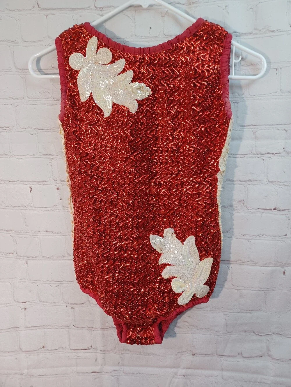 Vintage Leo's Dancewear Red Sequin Leotard Girls 12-A Floral Gymnastics Costume